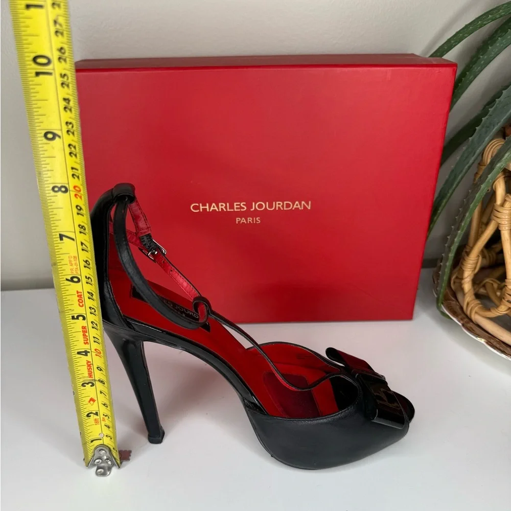 Charles Jourdan Paris Black Leather Ankle Strap Peep Toe Heels Bow Detail 8.5M - Picture 8 of 13